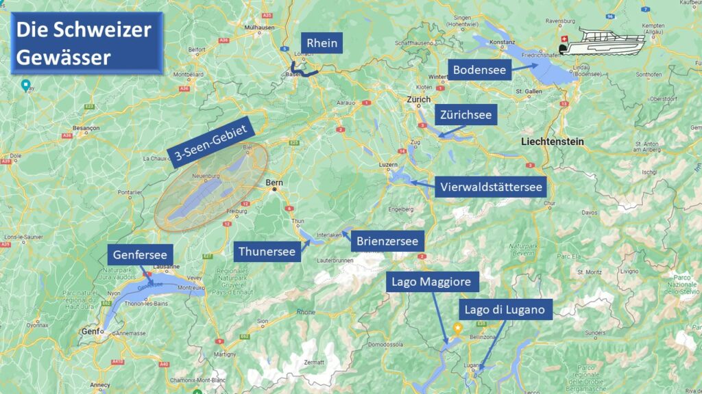 Die Gewässer der Schweiz mit Rhein, Bodensee, Zürichsee, Vierwaldstättersee, Brienzersee, Thunersee, Genfersee sowie dem Lage Maggiore und dem Lago di Lugano